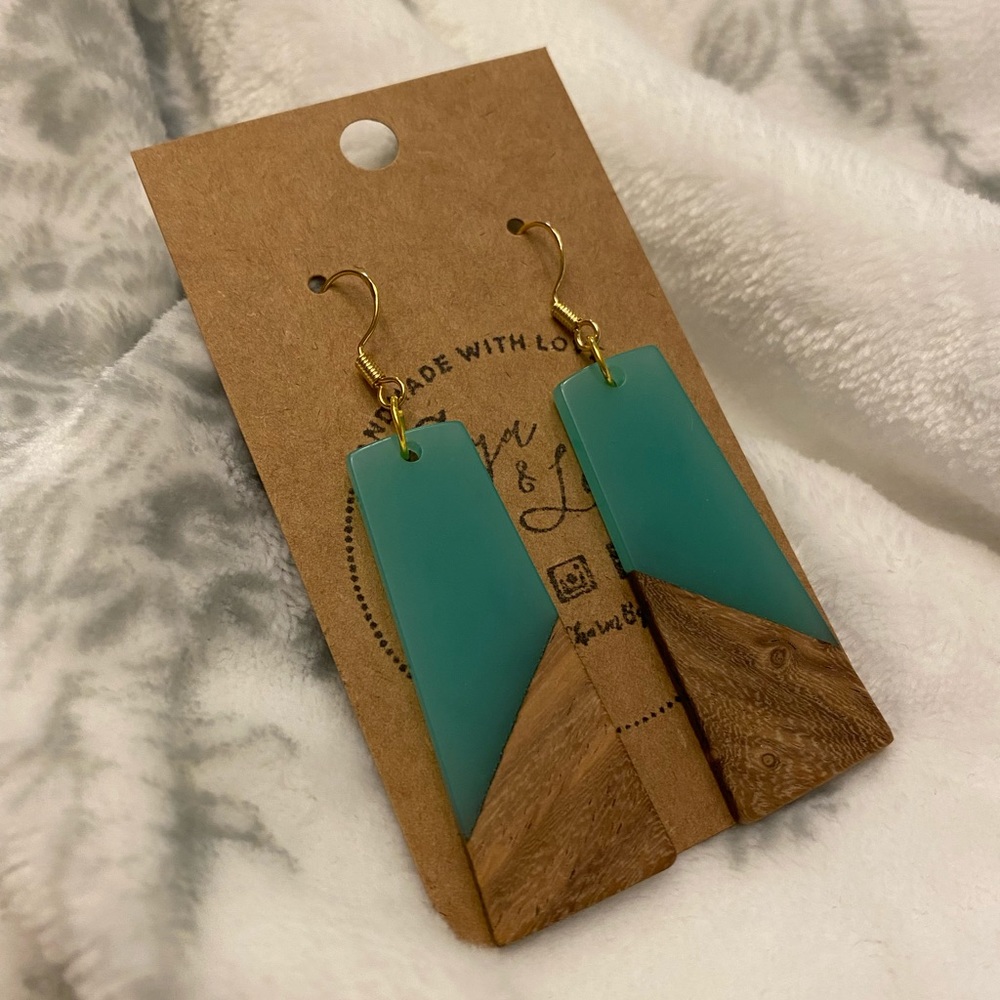 Green Trapezoid Resin and Walnut Wood Earrings